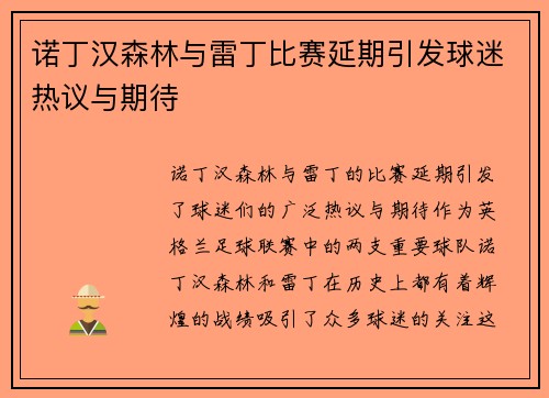 诺丁汉森林与雷丁比赛延期引发球迷热议与期待